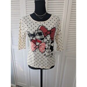 Disney Women's Polka Dot Minnie Mouse Long Sleeve Tee in Cream, Black, and Red